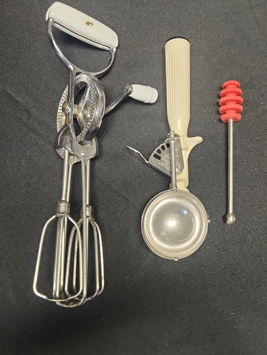 Other - Vintage Hand Mixer, Ice Cream Scoop & Honey Stirrer - Cream, Silver, Red